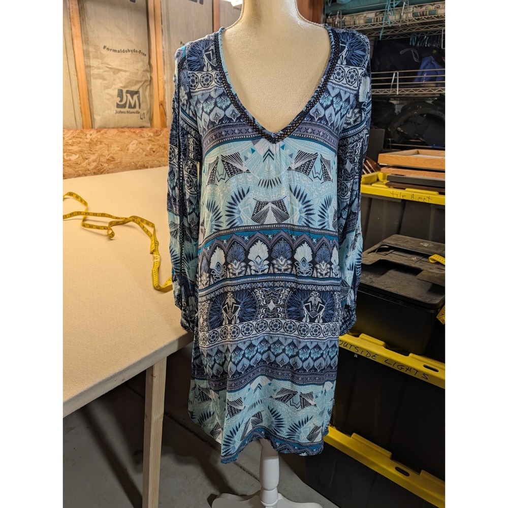 Roxy Women's Dress Size L Vintage 90s Crochet Detail On Arms & Neck Blue Print